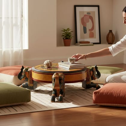 Attractive Indian Wooden Round Elephant 4 Mouth Pooja Religious Chowki Table