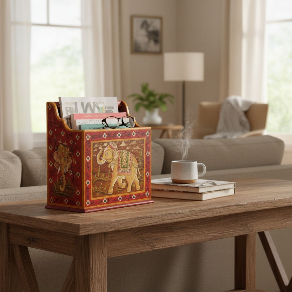 Hand Painted Solid Wood Newspaper Holder | Storage Furniture | Multicolor | 34 x16 x 39 cm