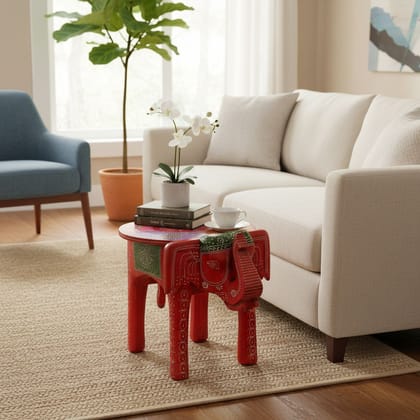 BAANMATA INTERNATIONAL Handicraft Drawing-Room Decors Coffee Table,Beautiful Painted Wooden Lamp Table Cum Cocktail Table,Home Living Showpiece Elephant Table